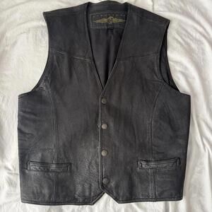 Vintage Structure Leather Vest Mens XL Biker Snap Pockets 90s Black Leather